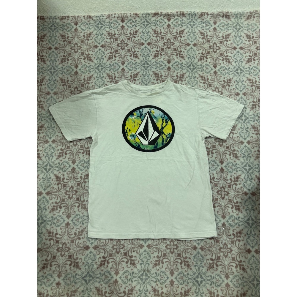 Volcom Mens Large White Graphic T-Shirt Stone Logo Tie Dye Print Cotton Tee